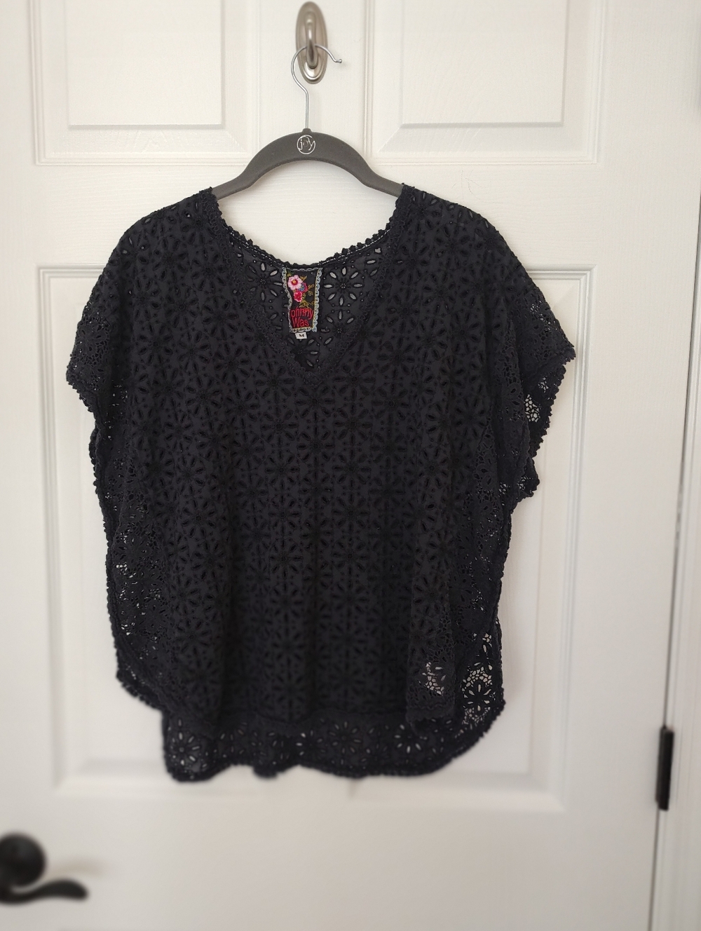 Johnny Was Eyelet Top Navy Blue Cotton M